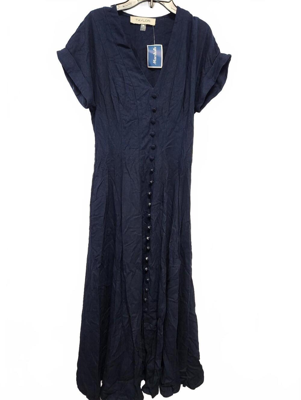 Taylor Navy Blue Short Sleeve Button Front Maxi Dress Size 4 NWT